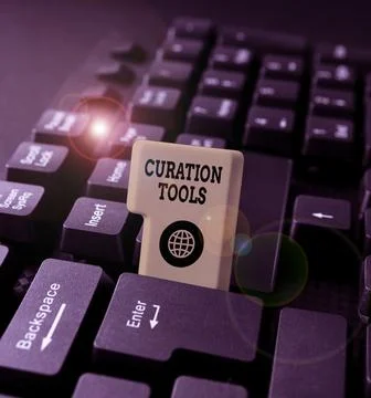 Text sign showing Curation Tools. Business idea Software used in gathering Stock Photos