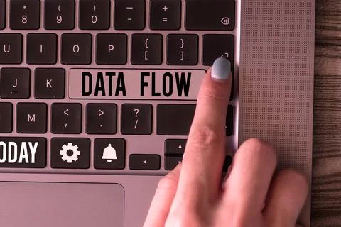 Text sign showing Data Flow. Word Written on the movement of data through a Stockfoto's