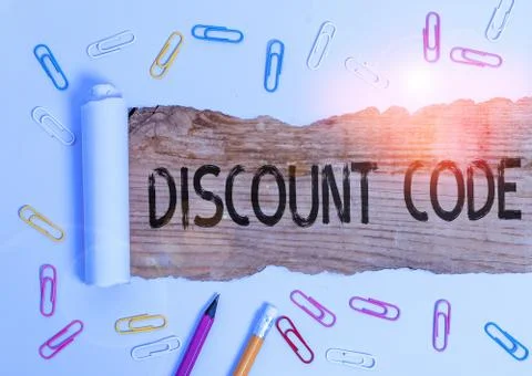 Text sign showing Discount Code. Conceptual photo Series of letters or numbers Stock-Fotos