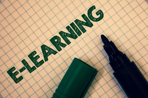 Text sign showing E-Learning. Conceptual photo Education by the internet Dist 写真素材
