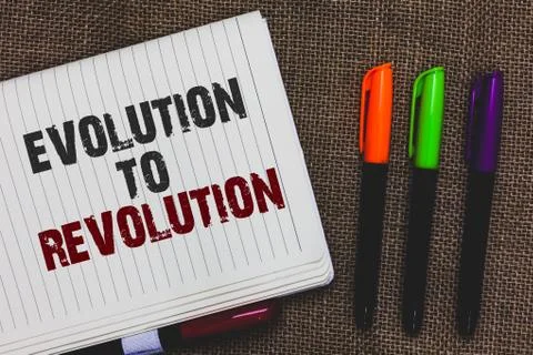 Text sign showing Evolution To Revolution. Conceptual photo adapting to way o 스톡 사진