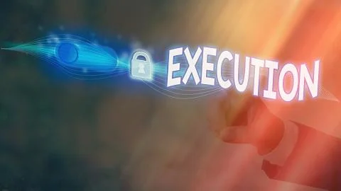 Text sign showing Execution. Conceptual photo it executes or imposes a program 写真素材