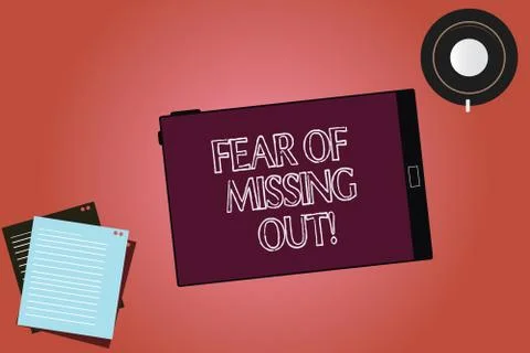 Text sign showing Fear Of Missing Out. Conceptual photo Afraid of losing Stock Illustration