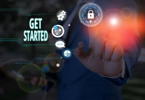 Text sign showing Get Started. Conceptual photo Begin an important period in one Stock Photos