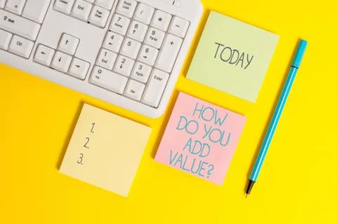 Text sign showing How Do You Add Value Question. Conceptual photo improve work Stock Photos
