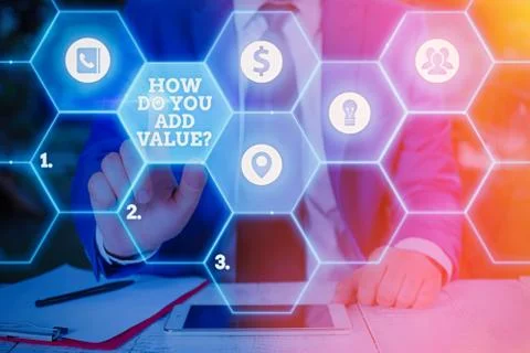 Text sign showing How Do You Add Value Question. Conceptual photo improve work Stock Photos