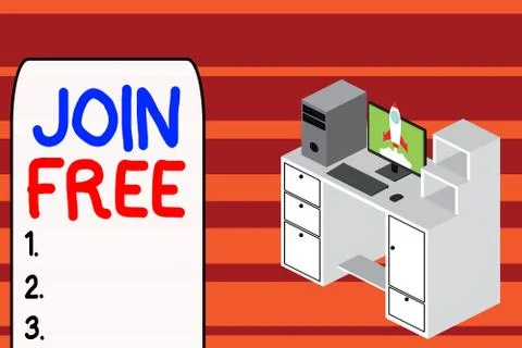 Text sign showing Join Free. Conceptual photo the act or an instance of joining Illustrazione stock