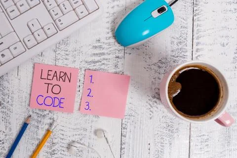 Text sign showing Learn To Code. Conceptual photo Learn to write Software Be a Stockfoto's