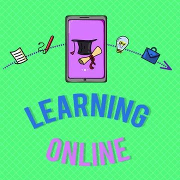 Text sign showing Learning Online. Conceptual photo Learn something new with the Illustrazione stock
