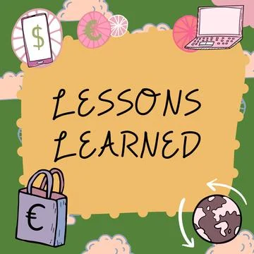 Text sign showing Lessons Learned. Business idea Promote share and use knowledge 스톡 일러스트