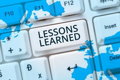 Text sign showing Lessons Learned. Business idea Promote share and use knowledge Foto stock