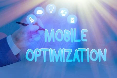 Text sign showing Mobile Optimization. Conceptual photo Site Content Reformatted Stock Photos