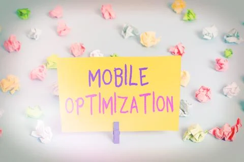 Text sign showing Mobile Optimization. Conceptual photo Site Content Reformatted Stock Photos