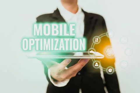 Text sign showing Mobile Optimization. Business overview Site Content Stock Photos
