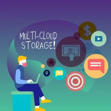 Text sign showing Multi Cloud Storage. Conceptual photo use of multiple cloud Illustrazione stock
