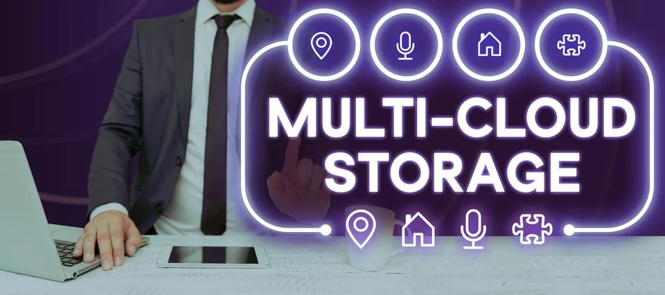 Text sign showing Multi Cloud Storage. Business approach use of multiple cloud 스톡 사진