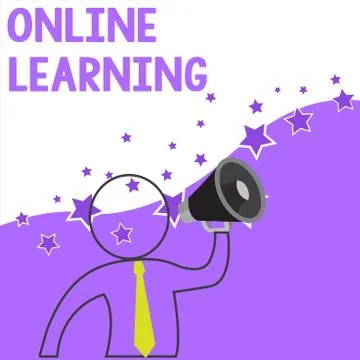 Text sign showing Online Learning. Conceptual photo Larning with the assistance Illustrazione stock