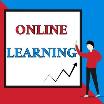 Text sign showing Online Learning. Conceptual photo Larning with the assistance Illustrazione stock