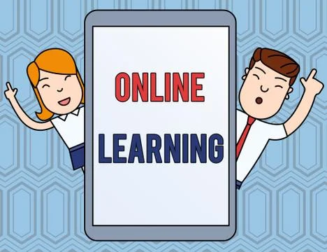 Text sign showing Online Learning. Conceptual photo Larning with the assistance Stockillustratie