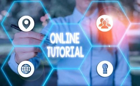 Text sign showing Online Tutorial. Conceptual photo process of tutoring in an Fotos de archivo