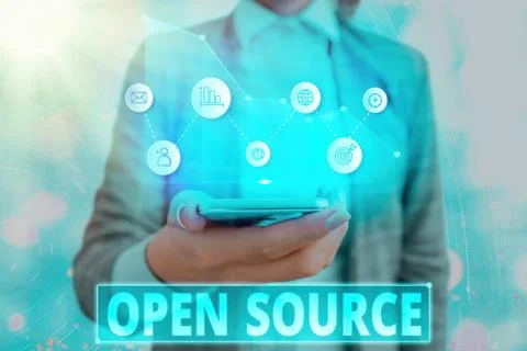 Text sign showing Open Source. Conceptual photo contains the source code that 库存照片