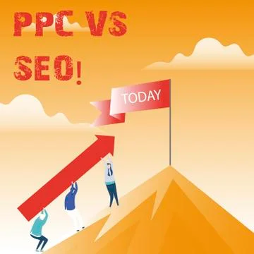 Text sign showing Ppc Vs Seo. Conceptual photo Pay per click against Search Stock Illustration