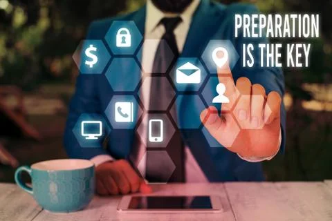 Text sign showing Preparation Is The Key. Conceptual photo it reduces errors and Foto stock