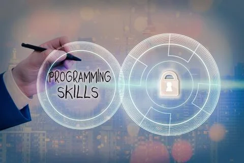 Text sign showing Programming Skills. Conceptual photo expertise required to Stock Photos