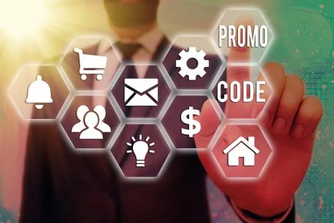 Text sign showing Promo Code. Conceptual photo letters or numbers that allows Foto stock