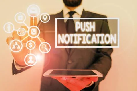 Text sign showing Push Notification. Conceptual photo automated message sent by Stock Photos
