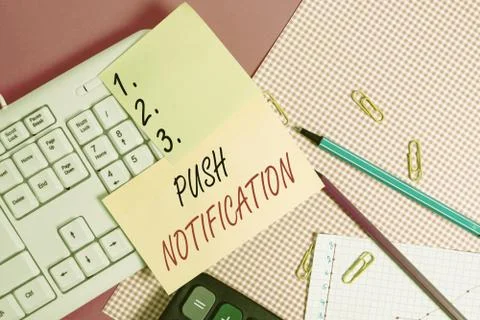 Text sign showing Push Notification. Conceptual photo automated message sent by Stock Photos