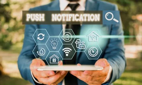 Text sign showing Push Notification. Conceptual photo automated message sent by Stock Photos