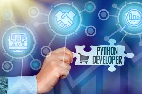 Text sign showing Python Developer. Business concept responsible for writing Stock Photos