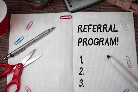 Text sign showing Referral Program. Conceptual photo internal recruitment method 스톡 사진