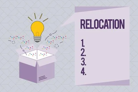 Text sign showing Relocation. Conceptual photo Action of moving to a new place Illustrazione stock