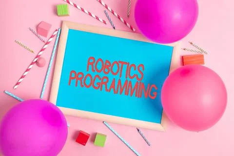 Text sign showing Robotics Programming. Business approach software that used to 스톡 사진