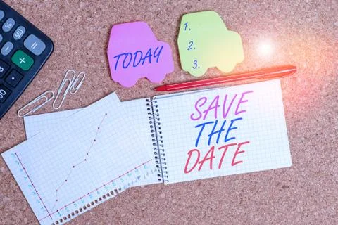 Text sign showing Save The Date. Conceptual photo Systematized events Scheduled Stock Photos