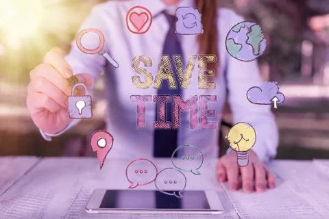 Text sign showing Save Time. Conceptual photo to do something more efficiently 库存照片