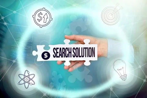 Text sign showing Search Solution. Word for an action or process of finding Stock Photos