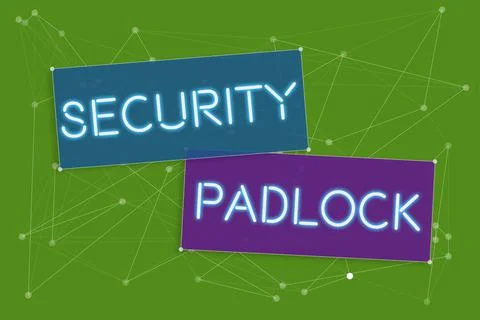 Text sign showing Security Padlockhardened steel body and double locking shackle Stock Illustration