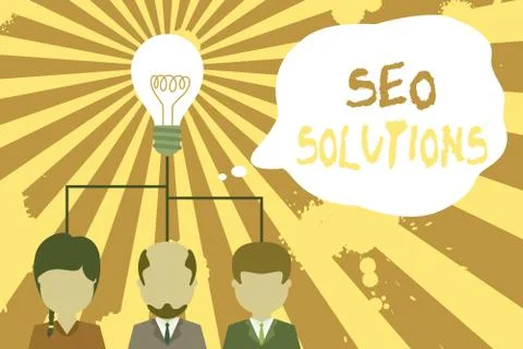 Text sign showing Seo Solutions. Conceptual photo Search Engine Result Page Illustrazione stock