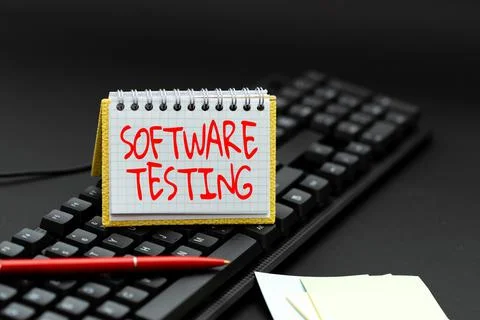 Text sign showing Software Testing. Word Written on evaluate the functionality Stockfoto's