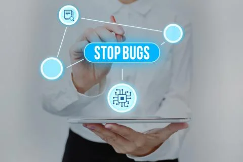 Text sign showing Stop Bugs. Business idea Get rid an insect or similar small Stock Photos