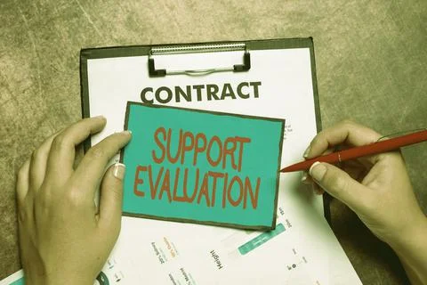 Text sign showing Support Evaluation. Concept meaning Assisting process that Stock Photos