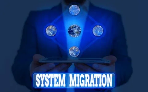 Text sign showing System Migration. Conceptual photo moving from the use of one Photos