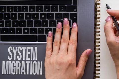 Text sign showing System Migration. Conceptual photo moving from the use of one 库存照片