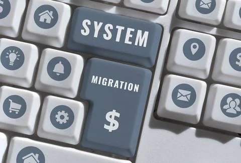 Text sign showing System Migration. Concept meaning moving from the use of one 스톡 사진