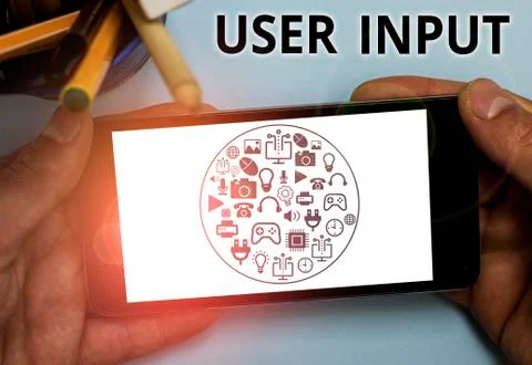 Text sign showing User Input. Conceptual photo Any information or data that is 스톡 사진