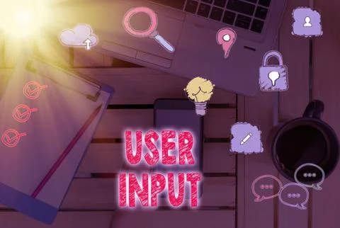 Text sign showing User Input. Conceptual photo Any information or data that is 스톡 사진