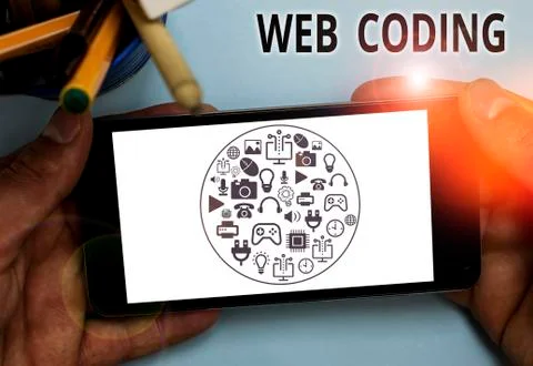 Text sign showing Web Coding. Conceptual photo work involved in developing a web Stock Photos